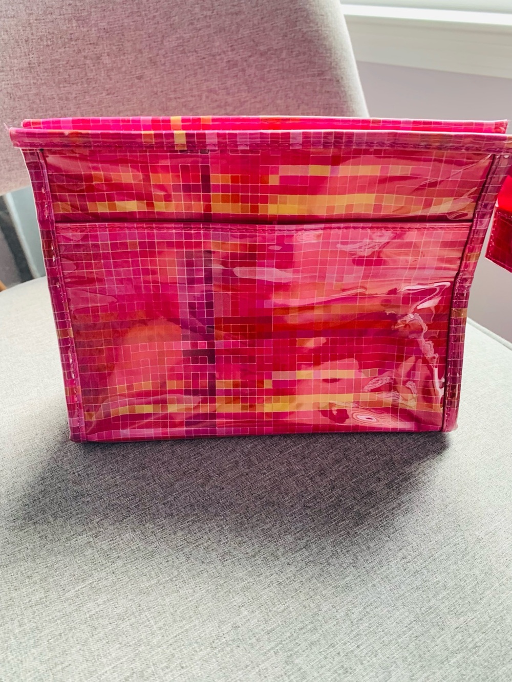 Clinique Make Up Bag Pink Yellow Shiny Cosmetic Toiletries Waterproof Zip Top